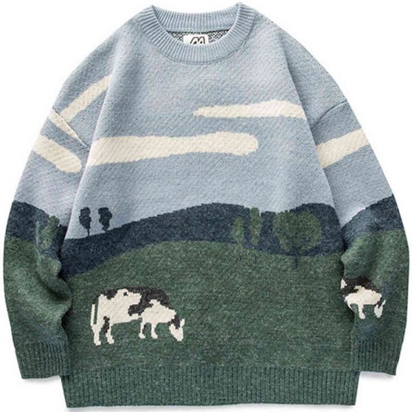 

2021 men cows vintage winter warm daily knitwear pullover male korean fashions o-neck sweater women casual harajuku cloth, White;black