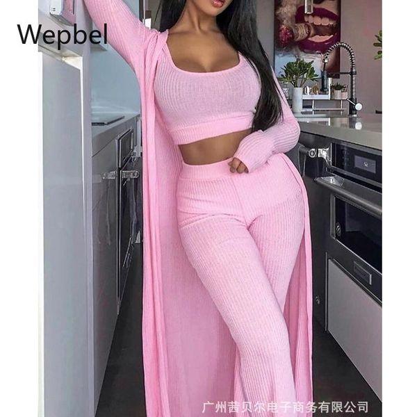 

wepbel cardigan + crop high waist pants nightwear 3 piece suit pajamas sets solid color women homewear long sleeve women's two, White