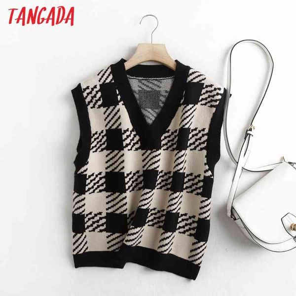 

women plaid pattern knitted vest sweater spring school style v neck sleeveless female waistcoat chic bc16 210416, White;black