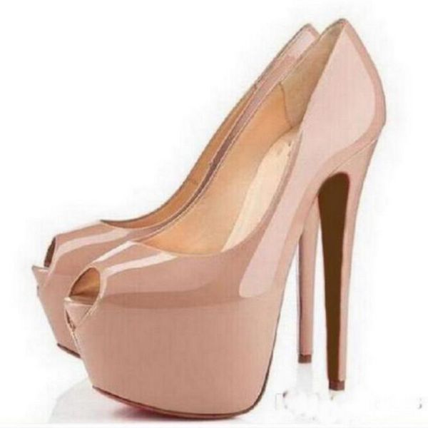 

box+dust bag fashion nude patent leather brand red bottom high heels peep-toe platform red sole shoes women pumps 16cm high-heeled party sho, Black