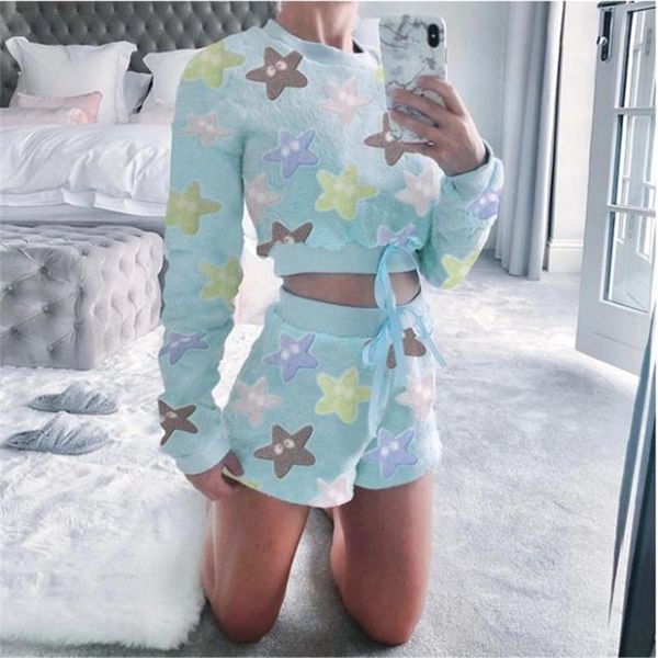 

women's tracksuits autumn winter women fashion casual long sleeve plush fleece printed crop round neck pullover and drawstring waist s, Gray