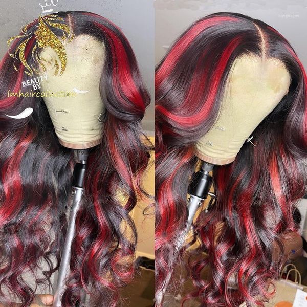

ombre red human hair wigs 180% preplucked lace front wig burgundy highlight wavy glueless1, Black;brown