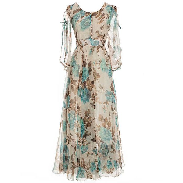 Yosimi Chiffon Mulheres Longas Vestido Verão Maxi Floral Impressão O-Neck Plus Size S-XXXL Alta Qualidade Azul Partido Elegante 210604