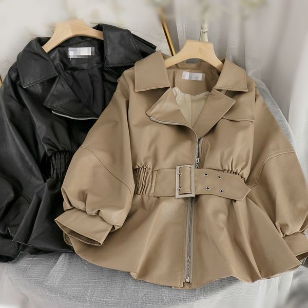 

women's jackets solid color from the plutonium leather korean style jacket turn-down thin collar outwear autumn complete female with be, Black;brown