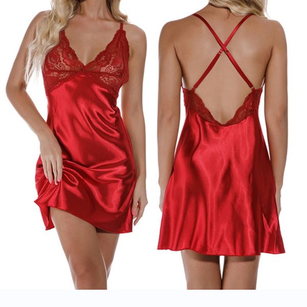 

2 pcs two-piece lace seduction big red style lace perspective sling pajamas, Red;black