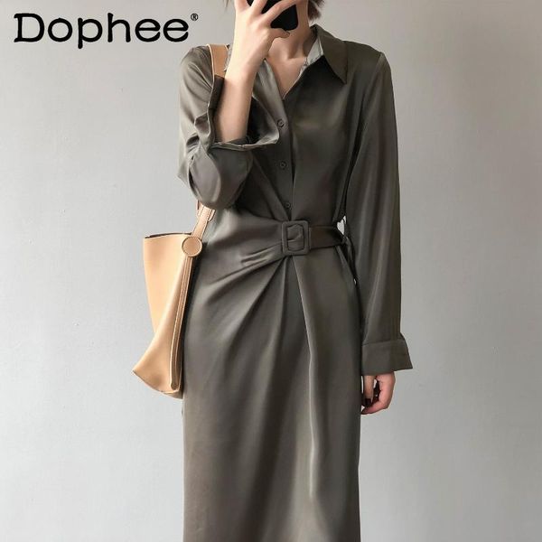 

casual dresses 2021 autumn korean style satin long sleeve shirt dress elegant belt slim waist office lady solid color maxi for women, Black;gray