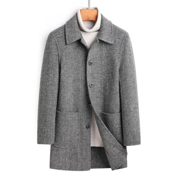 

men's wool & blends 2021 autumn and winter pure handmade double-sided tweed coat medium-length youth fashion jacket, Black