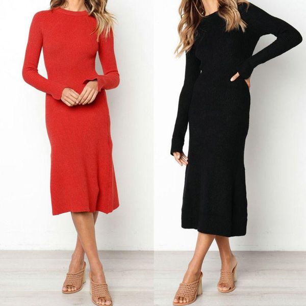 

women autumn long sleeve ribbed knitted slim sweater dress solid color round neck midi basic streetwear casual dresses, Black;gray