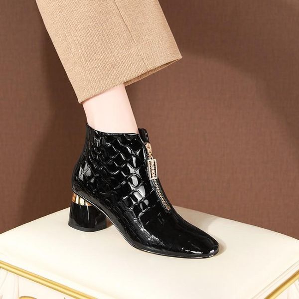 

boots boots, women's simple european and american low tube thick heel square head leather small size, warm, Black