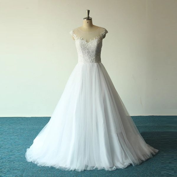 

vestido de noiva scoopa line wedding dresses appliqued beading bride gowns, White