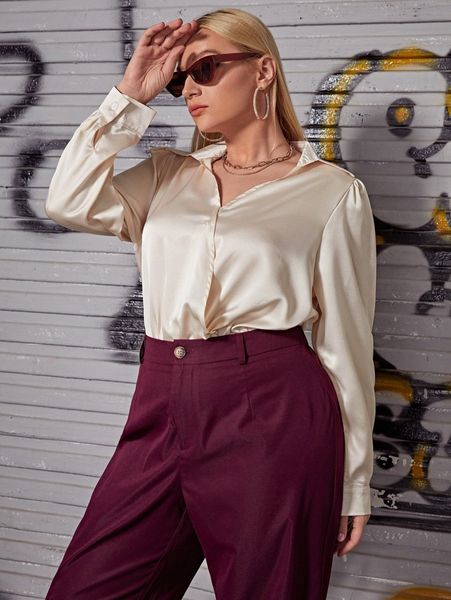 

plus solid satin shirt bodysuit 638h#, Black