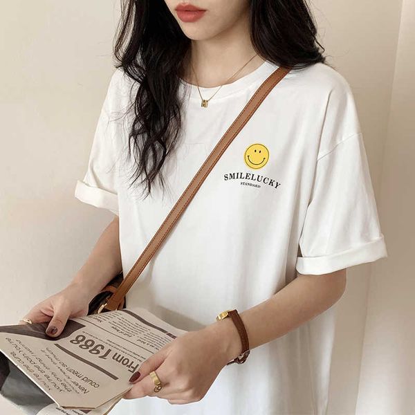 

mozuleva female cotton white short sleeve t-shirt and a half sleeve female smiling face printed loose shirt summer tee 210706