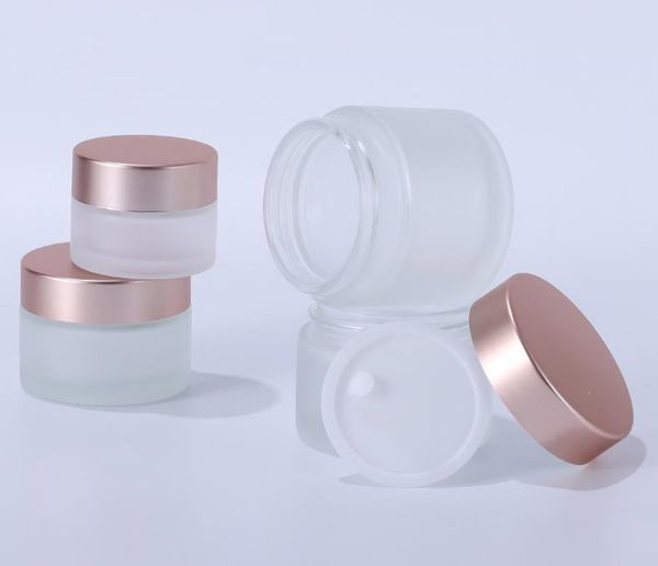 

frosted glass cream jar clear cosmetic bottle lotion lip balm container with rose gold lid 5g 10g 15g 20g 30g 50g 100g sn3335