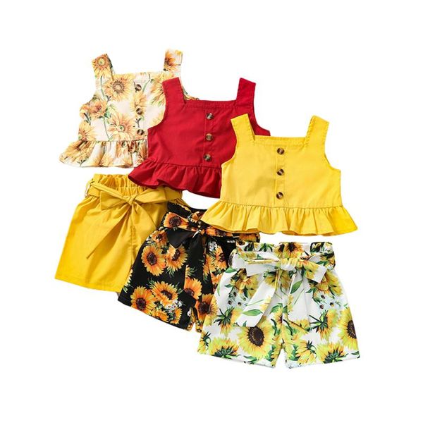 

clothing sets 2 pieces summer kids girls set outfit sunflower print square neck sleeveless + solid color shorts for 1-4 years, White