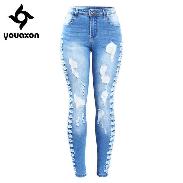 

2145 youaxon arrived plus size stretchy ripped jeans woman side distressed denim skinny pencil pants trousers for women 211129, Blue