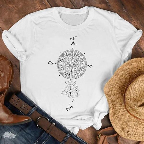 

cartoon compass vintage fashion women t shirt summer fall clothes tee female print graphic, White