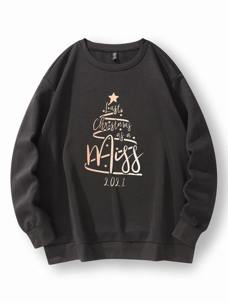 

plus christmas tree & slogan graphic thermal pullover r4os#, Black