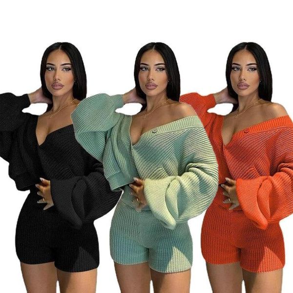 

women's tracksuits arrivals women solid color knitted two-piece set single breasted lantern sleeve sweater casual skinny mini shorts fa, Gray