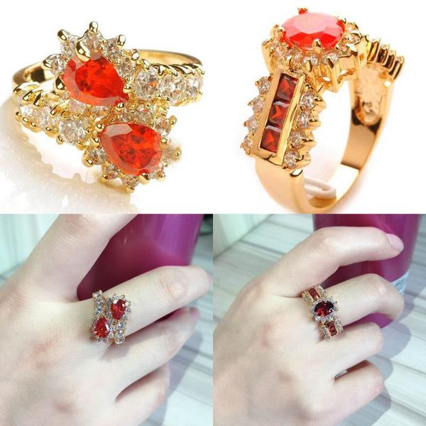 

wedding rings yellow gold filled bridal ring red cubic zirconia cz rhinestone bithstone claw female engagement for women jewelry, Slivery;golden