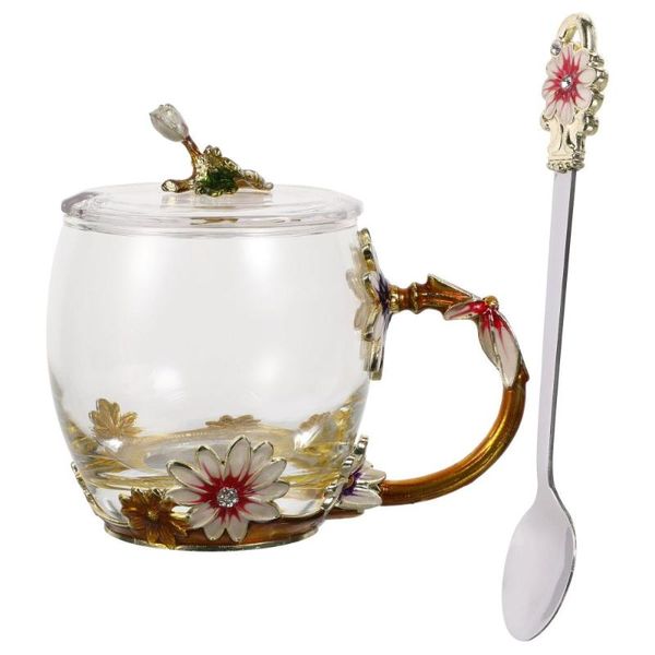 

mugs 1 set enamel flower coffee cup mug tea glass with spoon lid for wedding gift