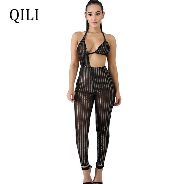 

women's jumpsuits & rompers qili backless women mesh sequined sleeveless skinny long pants party club bodycon white black, Black;white