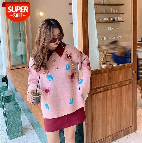 

net red micro fat mm contrast color polo collar floral sweater women's large size loose lapel pullover #b38z, White