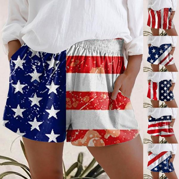 

women's shorts women comfy print casual elastic waist pocketed plus size s-2xl independence day trendy, White;black