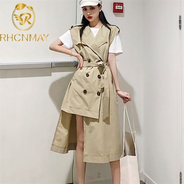 Frühling Trenchcoat Muster Revers ärmellose solide zweireihige asymmetrische Weste Frauen freien Gürtel 210506