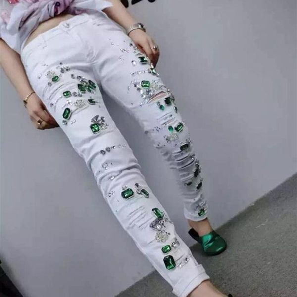 

women's jeans for women bead diamond holes female mid waist denim ripped femme pants skinny woman, Blue