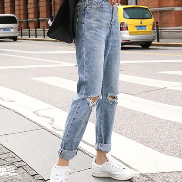 

high waisted jeans women's fashion autumn light loose holes show thin straight tube daddy pants, Blue