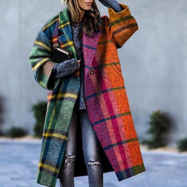 

women's wool & blends lady coat buttons vintage style abstract face print turn-down collar women long jacket for winter, Black