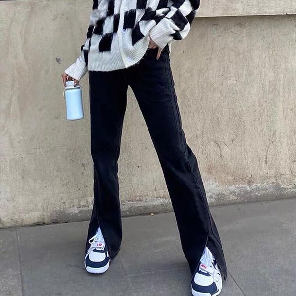 

streetwear straight leg black jeans woman split fashion ladies high waist pants denim boyfriend vintage baggy women women's, Blue
