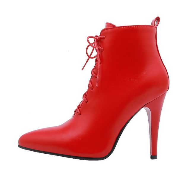 

pointed toe high heel ankle boots for women lace-up basic thin heels autumn women's shoes pu leather red white short shoes 210428, Black