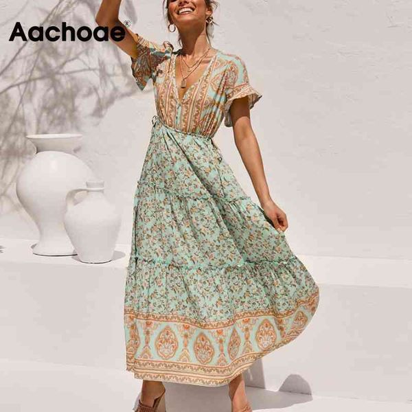 

printed long maxi dresses women summer v neck boho beach female ruffles short sleeve a line holiday casual dress 210413, Black;gray