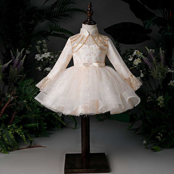 2021 Летнее платье с длинным рукавом Элегантное 2 1-м Платье на день рождения для детской принцессы Princess TUTU платье-вечеринка Крещение Платья девушки Цветок Q0716