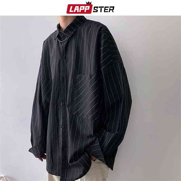 

lappster men striped shirts streetwear casual man black oversized white harajuku vintage long sleeve shirt for 210626, White;black