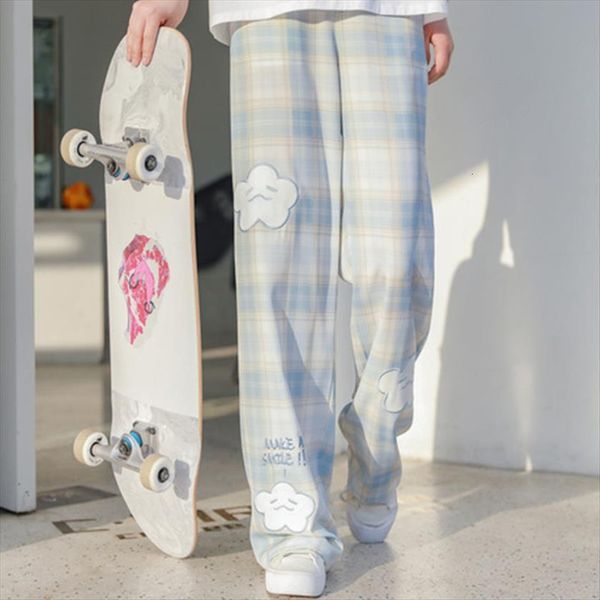

summer casual korean style women capri plaid cloud embroidery kawaii straight leg loose womens clothing, Black;white