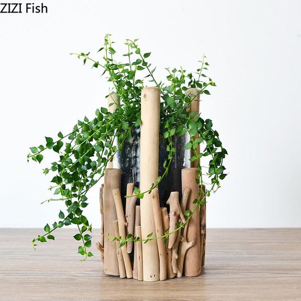 

vases creative handmade wooden hydroponic glass vase living room dining table plant flower decor handicraft soil culture