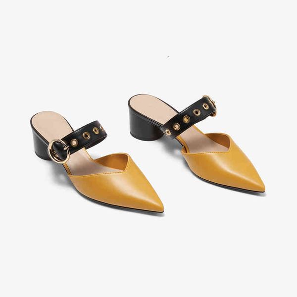 

dress shoes summer mules slide slip on round mid high heel women point toe buckle belt lady sandals mixed color fashion slippers h, Black