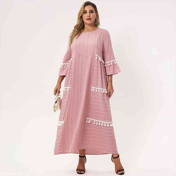 

summer dress women pink striped stitching white tassel o-neck long sleeves loose bohemian style sweet maxi dress 4xl, Black;gray