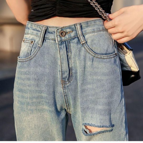 

women's jeans women capri spring model high waist loose straight hole slim cropped pants, Blue