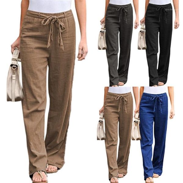 

women's elastic waist solid color cotton and linen wide-leg pants loose trousers & capris, Black;white