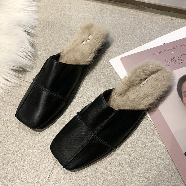 

slippers autumn winter square toe plush women pu leather plus velvet femme walking shoes zapatos mujers, Black