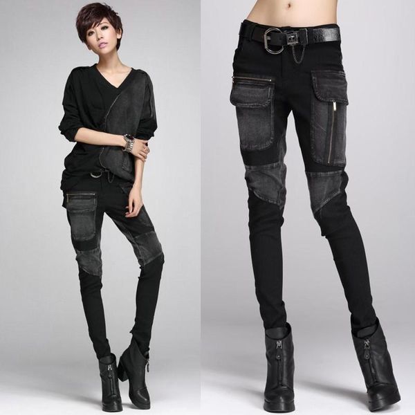 

spring women black jeans trousers female personality baggy large pockets zipper stitching high street harem pants pencil women's, Blue