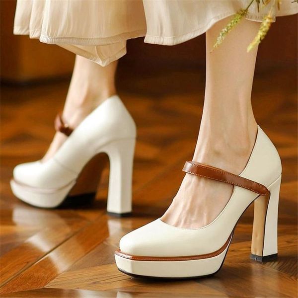 

dress shoes mary janes wome's genuine leather platform pumps block high heels party nightclub 34 35 36 37 38 39 40, Black
