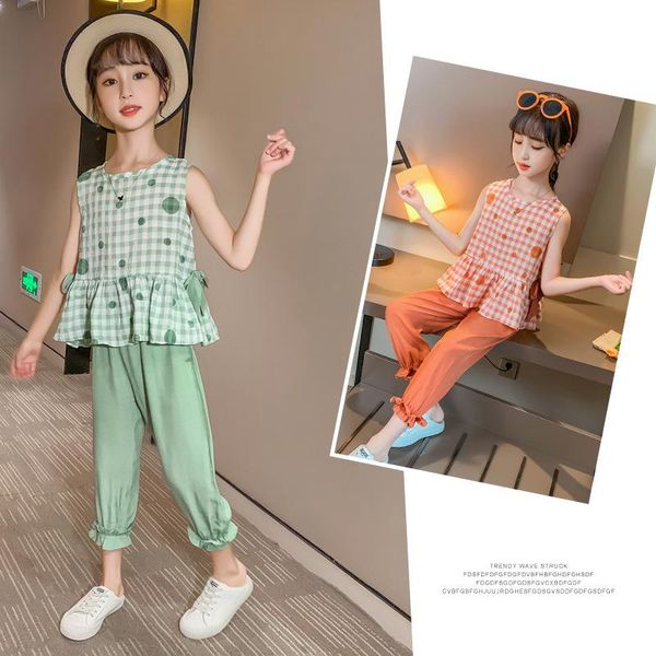 

clothing sets summer girls children plaid t-shirt sleeveless +pants set 2 pieces kids baby clothes 6 8 10 11 12years, White