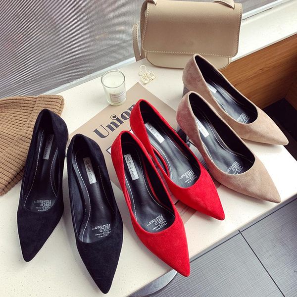 

2021 wild pointed shallow mouth suede single shoes simple elegant fashion square heel pumps1, Black