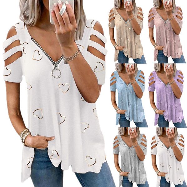 

2021 new women's v-neck zipper printing short sleeve loose casual t-shirt women's top, White