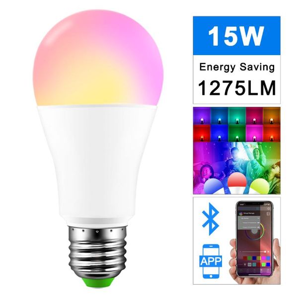 

bulbs 15w e27 magic rgb +w led change color light bulb wireless bluetooth smart lamp dimmable app control