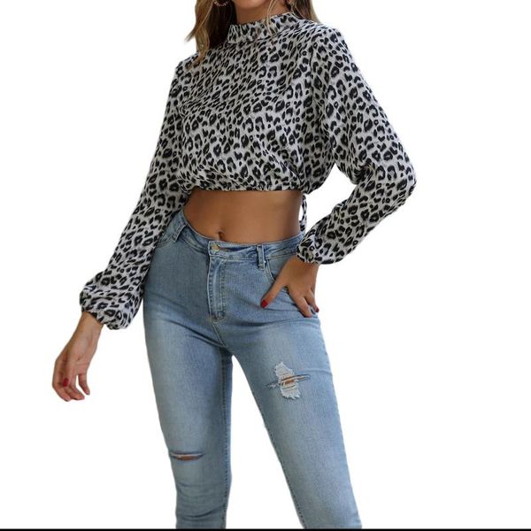 

women's blouses & shirts crop women long sleeve ladies backless drawstring and womens printed leopard white